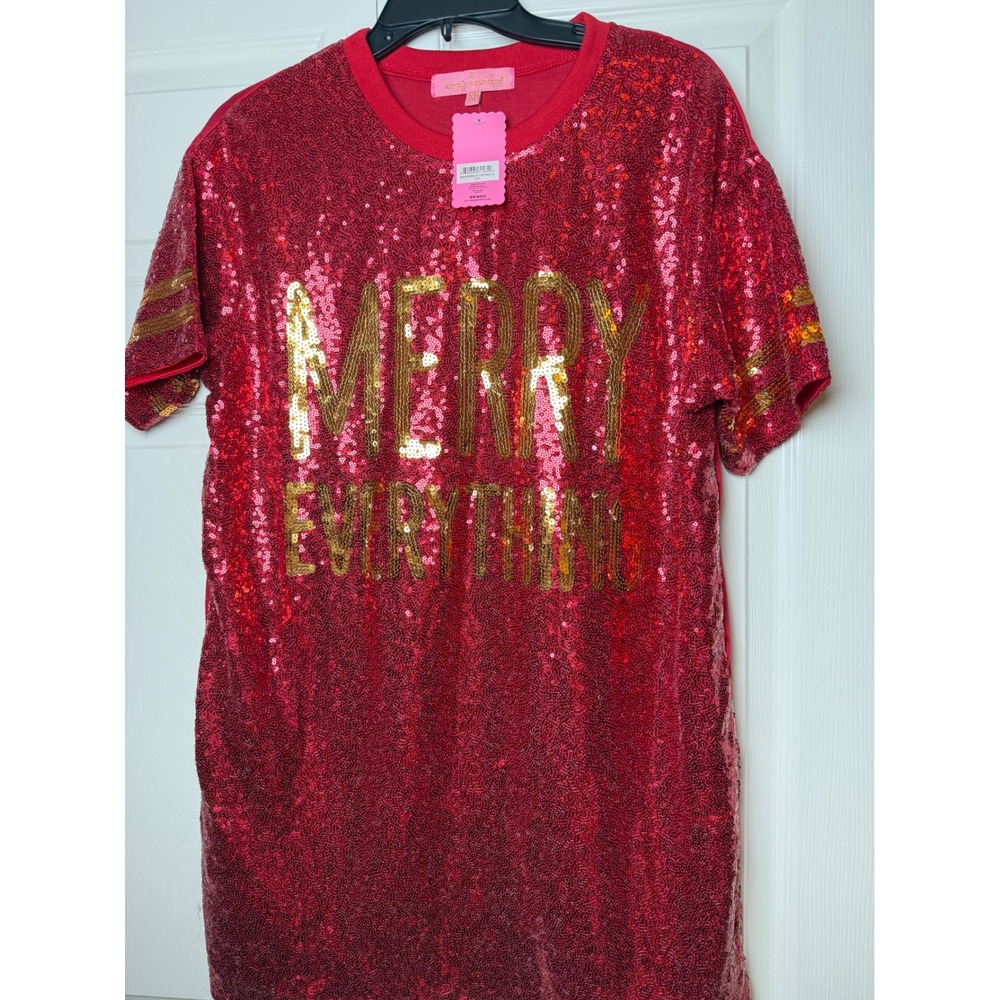 Simply Southern Merry Everything Red Sequin T-Shirt Dress Christmas Holiday S/M
